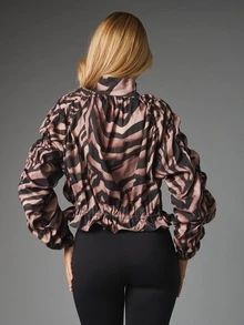MISSGUIDED Tiger Print Satin Puff Sleeve Crop Blouse With Half Zip High Neck And Drawstring Waist Detail - Multicolor - View 2