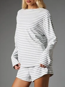 MISSGUIDED Striped Long Sleeve Oversized Top And Mini Shorts Lounge Co-Ord Set Soft Knit Boat Neck Pajama Two-Piece Matching Set - Black and White - View 6