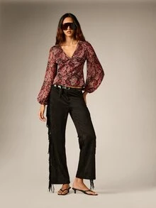 AiiRZ Paisley Print V-Neck Bell Sleeve Chiffon Blouse With Ruched Detail Fall Winter Boho Party Night Out Top - Multicolor - View 4
