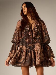 AiiRZ Paisley Print Chiffon Mini Dress With Ruffle Neckline Plunge Tie Detail Puff Long Sleeves Tiered Hem Boho Style - Multicolor - View 6