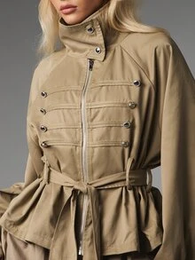 MISSGUIDED Oversized Military Style Belted Utility Jacket With Metal Eyelets Stand Collar Zip Closure And Peplum Hem Fall Winter Outerwear - Army Green - View 6