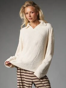 MISSGUIDED Oversized Fuzzy Boucle Collared Sweater With Long Sleeves Open V-Neck Polo Style Cozy Pullover Top For Fall Winter - Beige - View 1