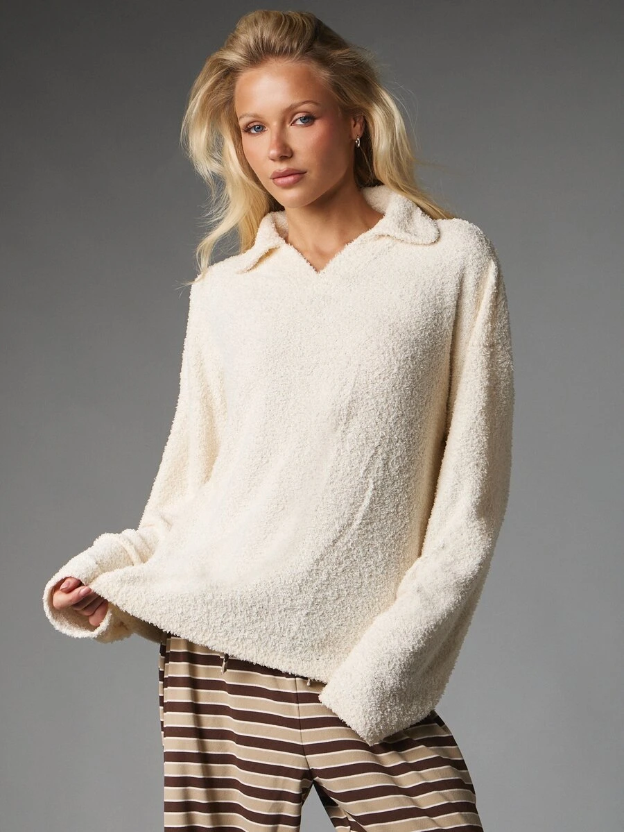 MISSGUIDED Oversized Fuzzy Boucle Collared Sweater With Long Sleeves Open V-Neck Polo Style Cozy Pullover Top For Fall Winter - Beige - View 1