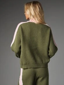 MISSGUIDED Olive Color Block Knit Zip-Up Jacket With Pink Contrast Panel Sleeves High Neck Ribbed Hem Logo Detail Fall Winter - Multicolor - View 2
