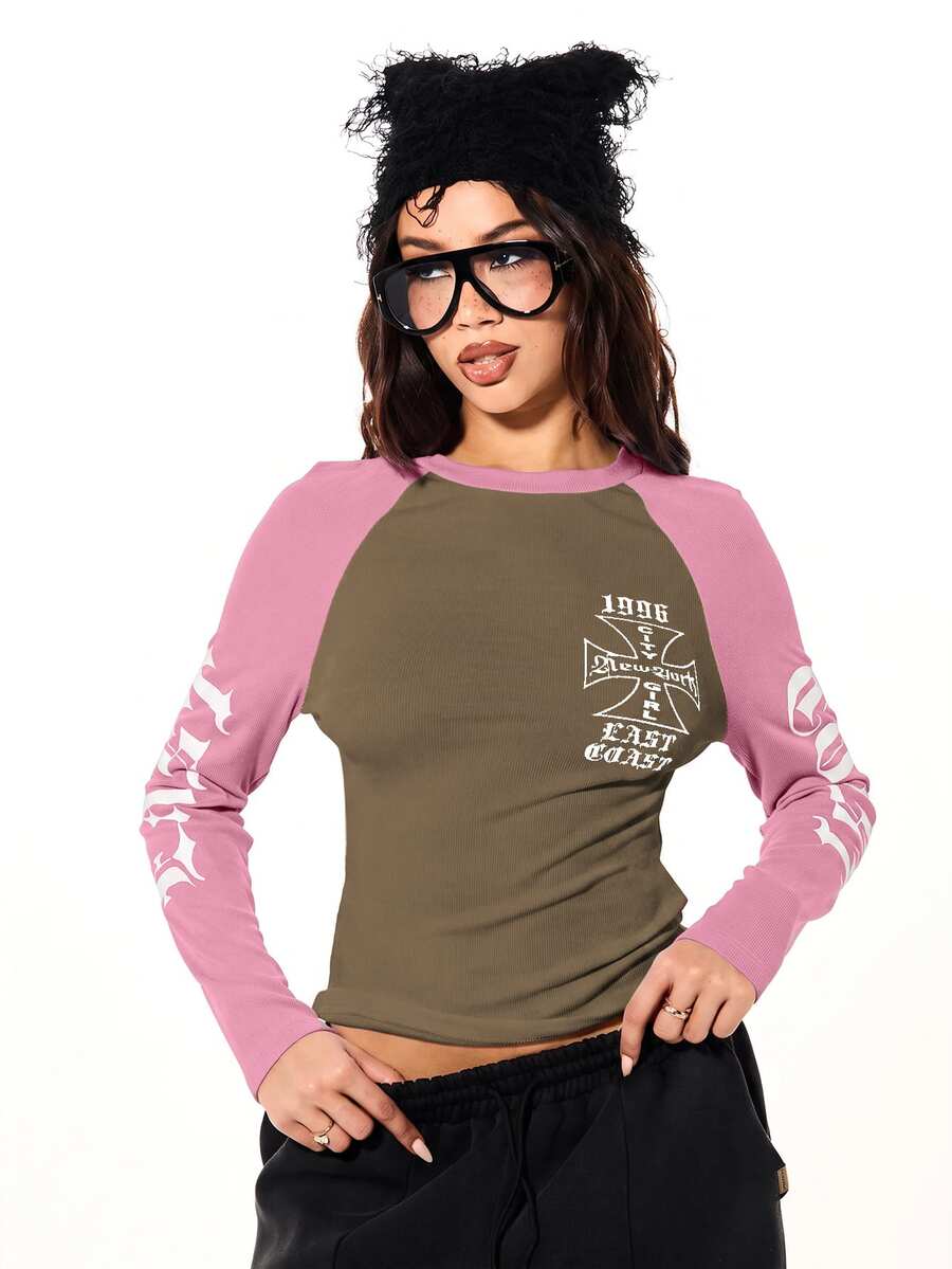 SUMWON WOMEN Raglan Long Sleeve Crop Top With Cross Graphic Print And Sleeve Letter Print Ribbed Two-Tone Color Block Fitted Tee Fall Winter Essential - Multicolor - View 1