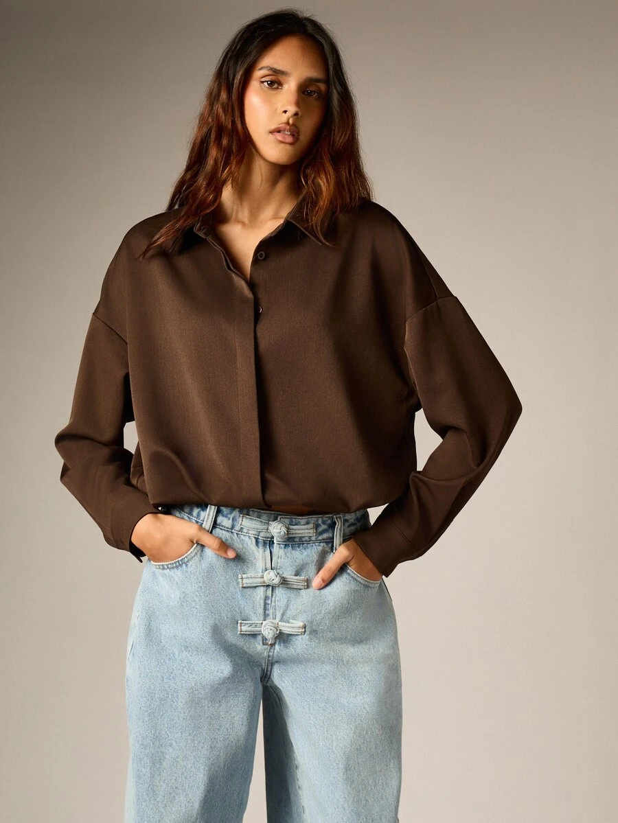 AiiRZ Oversized Cropped Button-Front Collared Shirt With Long Sleeves And Boxy Silhouette Perfect For Fall Winter Casual Everyday Styling - Brown - View 1