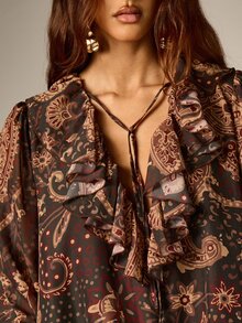 AiiRZ Paisley Print Chiffon Mini Dress With Ruffle Neckline Plunge Tie Detail Puff Long Sleeves Tiered Hem Boho Style - Multicolor - View 2