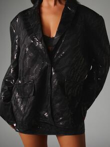 MISSGUIDED Sequin Embellished Oversized Blazer Jacket With Lapel Collar And Patch Pockets Party Night Out Holiday Festive - Black - View 5