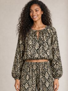 ELLERISSA Snake Print Tie Neck Long Sleeve Elastic Waist Top & Wide Leg Pants Co-Ord Set - Multicolor - View 6
