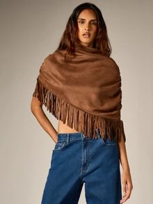 AiiRZ Faux Suede Fringe Trim Wrap Shawl Crop Top High Neck Ruched Sleeve Boho Western Festival Style - Brown - View 5