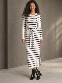 ELLERISSA White & Black Stripe Round Neck Long Sleeve Tie Waist Rib Knit Midi Dress - Apricot - View 5