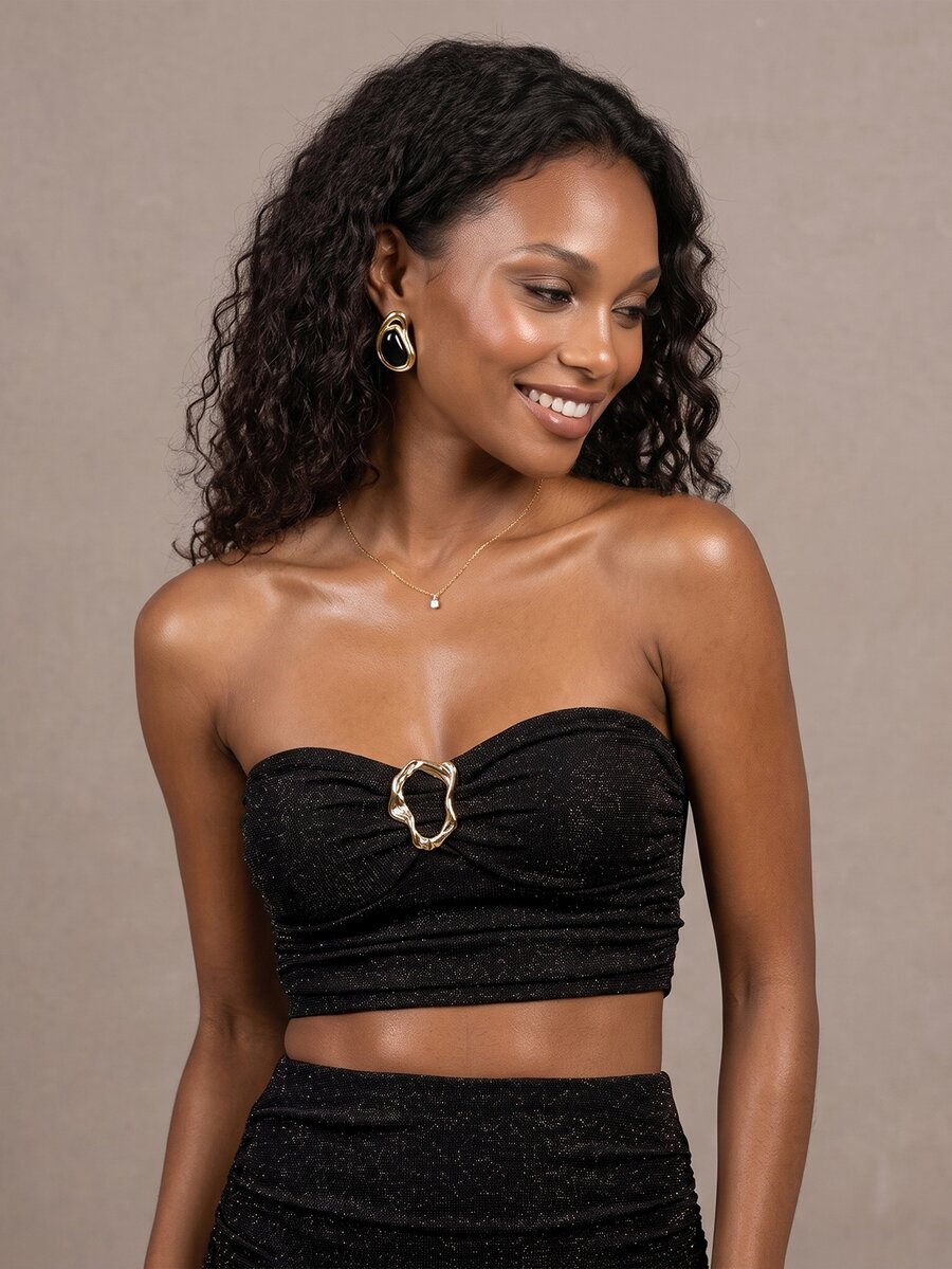QUIZ Black Sparkly Ruched Strapless Bandeau Crop Top With Gold Hardware Trim, Weekend Outfit For Women, Party Top, Club Outfit, Holiday Night Outfit, Chic Fall Outfits For Women - Black - View 1