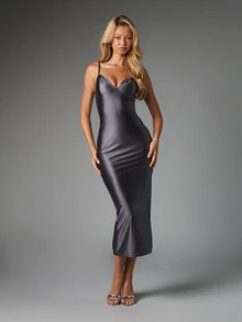 MISSGUIDED Satin Bodycon Midaxi Dress With Sweetheart Neckline Adjustable Spaghetti Straps Slip Style Fitted Silhouette Evening Party Holiday Occasion - Black - View 1