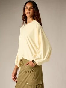AiiRZ Oversized Batwing Long Sleeve Blouse With Crew Neck And Elasticated Cuffs Flowing Relaxed Fit Top For Spring Summer Casual Everyday Wear - Apricot - View 1