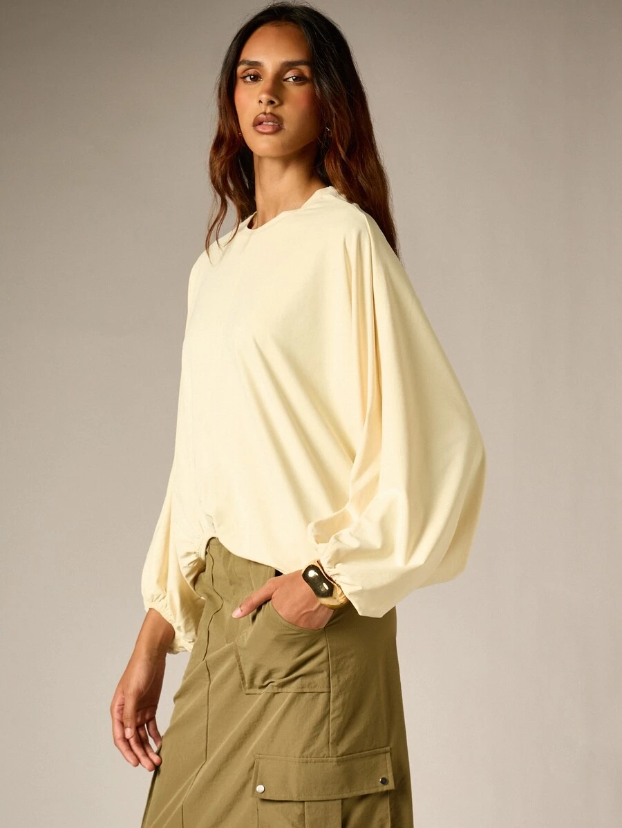 AiiRZ Oversized Batwing Long Sleeve Blouse With Crew Neck And Elasticated Cuffs Flowing Relaxed Fit Top For Spring Summer Casual Everyday Wear - Apricot - View 1