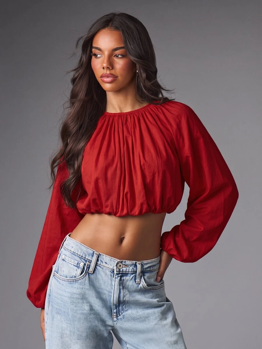 MISSGUIDED Ruched Gathered Crop Top With Bishop Balloon Sleeves And Elasticated Hem Holiday Party Festive Blouse - Red - View 1