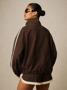 MISSGUIDED Oversized Track Jacket With Contrast Side Stripe Detail Mock Neck Zip Up Elastic Cuffs And Hem Retro Style Spring Outerwear - Brown - View 3
