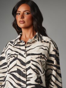 MISSGUIDED Zebra Print Oversized Denim Shacket With Snap Button Closure Patch Pockets Utility Style Hip Length Jacket Spring Summer Festival Outerwear - Multicolor - View 5