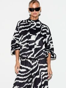 KIZN Atasan Satin Oversized Motif Zebra dengan Kerah Tegak, Motif Hewan Seluruh Bagian, Pullover Panjang Pinggul, Jaket Potongan Longgar - MultiWarna - View 1