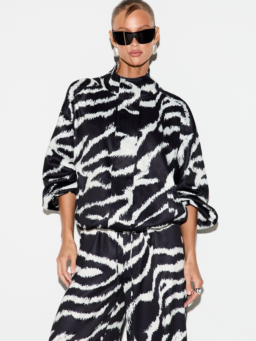 KIZN Atasan Satin Oversized Motif Zebra dengan Kerah Tegak, Motif Hewan Seluruh Bagian, Pullover Panjang Pinggul, Jaket Potongan Longgar - MultiWarna - View 1
