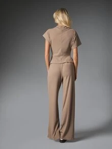 MISSGUIDED Ribbed Knit Co-Ord Set Cowl Neck Cap Sleeve Top And Wide Leg High Rise Casual Pants Two Pieces Matching Loungewear Outfit - Khaki - View 2