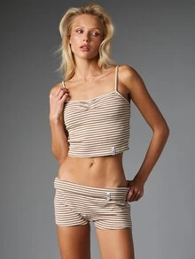 MISSGUIDED Striped Cowl Neck Spaghetti Strap Crop Cami Top And Low Rise Mini Boy Shorts Co-Ord Set Summer Vacation Holiday Beach - Black and White - View 5