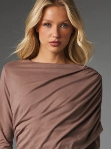 MISSGUIDED Ruched Long Sleeve Boat Neck Top Draped Front Detail Casual Everyday Wear Fall Winter Essential Layering Piece - Brown - View 4
