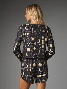 MISSGUIDED Celestial Mystical AOP Bell Sleeve Lace-Up Crop Blouse And Mini Shorts Co-Ord Set With Moon Sun Star Print - Black - View 2