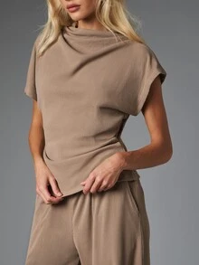 MISSGUIDED Ribbed Knit Co-Ord Set Cowl Neck Cap Sleeve Top And Wide Leg High Rise Casual Pants Two Pieces Matching Loungewear Outfit - Khaki - View 5