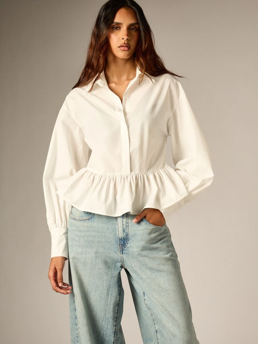 AiiRZ Peplum Ruffle Hem Button-Front Collared Shirt With Puff Long Sleeves And Elasticated Cuffs Spring Summer Elegant Top - White - View 1