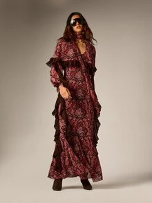 AiiRZ Paisley Print Chiffon Dress With Ruffle Trim Bell Sleeves Cape Overlay And Tie Neck Scarf Boho Evening Gown - Multicolor - View 1