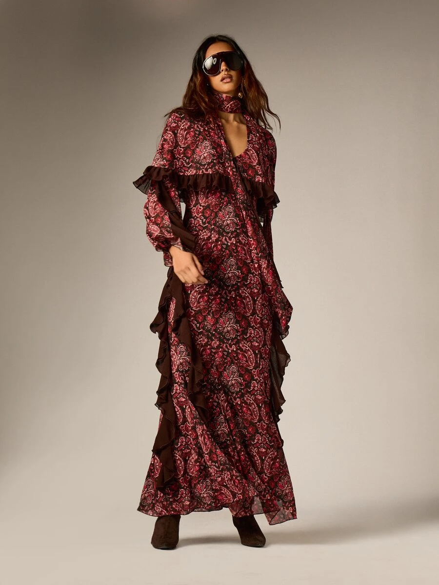 AiiRZ Paisley Print Chiffon Dress With Ruffle Trim Bell Sleeves Cape Overlay And Tie Neck Scarf Boho Evening Gown - Multicolor - View 1