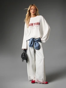 MISSGUIDED Wide Leg Casual Pants With Floral Lace Trim Hem Elastic Waist Relaxed Fit Full Length Marl Knit Lounge Trousers - Grey - View 3