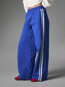 MISSGUIDED Wide Leg Track Pants With Contrast Side Stripe Detail Elastic Waist Pull On Full Length Casual Trousers Spring Summer Festival - Blue - View 1