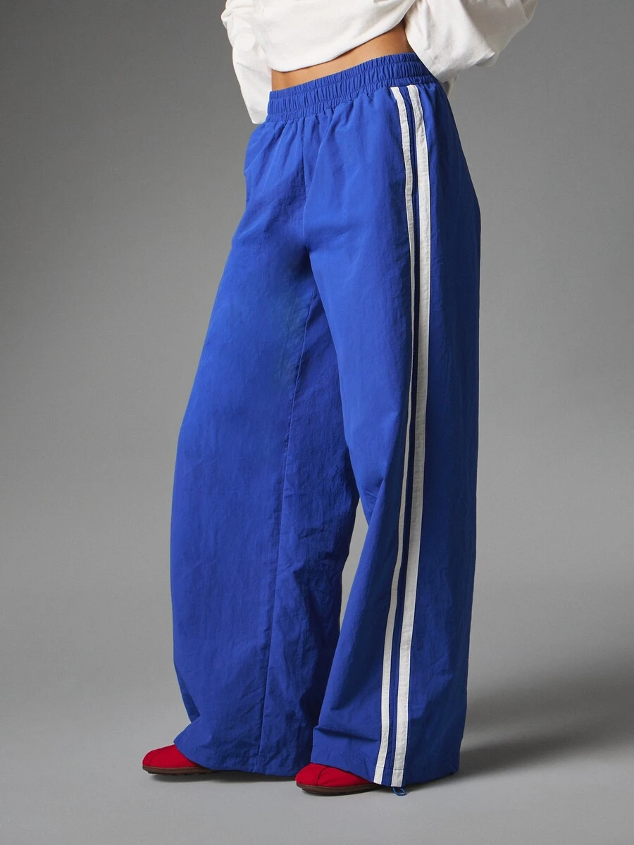 MISSGUIDED Wide Leg Track Pants With Contrast Side Stripe Detail Elastic Waist Pull On Full Length Casual Trousers Spring Summer Festival - Blue - View 1