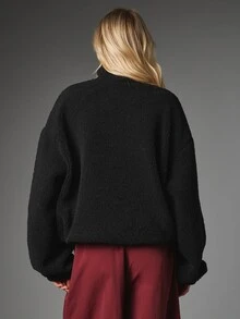 MISSGUIDED Sport Ath Archive Half-Zip Sherpa Fleece Pullover Oversized Fit Embroidered Chest Logo High Neck Winter Essential - Black - View 2