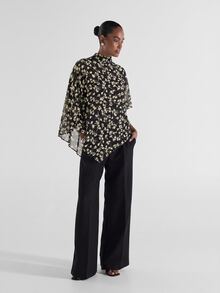 KSTM Sheer Floral Print Mock Neck Poncho Cape Top With Asymmetric Hem And Batwing Sleeves Perfect For Holiday Party Evening Styling - Black - View 2