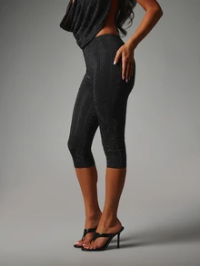 MISSGUIDED Rhinestone Embellished High Rise Cropped Capri Leggings With All Over Crystal Studs Fitted Stretch Nightout Party Festival - Black - View 1