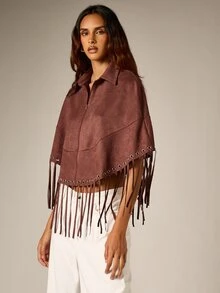 AiiRZ Faux Suede Cropped Cape Jacket With Fringe Hem Metal Eyelets Half Zip Collar Fall Winter Boho Festival Outerwear - Coffee Brown - View 1