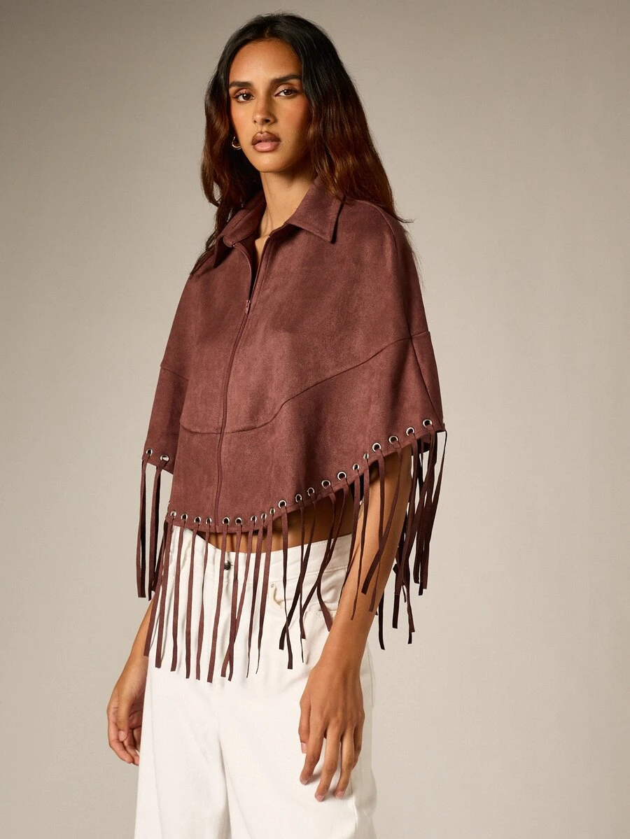 AiiRZ Faux Suede Cropped Cape Jacket With Fringe Hem Metal Eyelets Half Zip Collar Fall Winter Boho Festival Outerwear - Coffee Brown - View 1