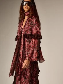 AiiRZ Paisley Print Chiffon Dress With Ruffle Trim Bell Sleeves Cape Overlay And Tie Neck Scarf Boho Evening Gown - Multicolor - View 5