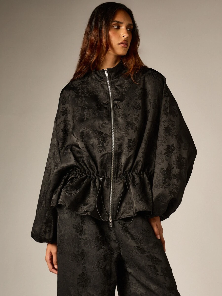 AiiRZ Black Floral Jacquard Oversized Zip-Up Jacket With Stand Collar Drawstring Waist And Balloon Sleeves - Black - View 1