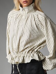 MISSGUIDED Oversized Striped Blouse Top With Stand Collar Zip Neck Balloon Sleeves And Drawstring Ruched Hem Detail - Green - View 6