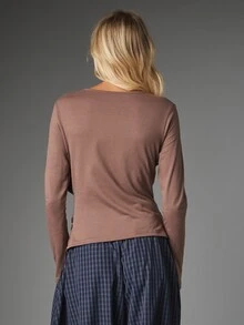 MISSGUIDED Ruched Long Sleeve Boat Neck Top Draped Front Detail Casual Everyday Wear Fall Winter Essential Layering Piece - Brown - View 2