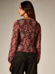 AiiRZ Paisley Print V-Neck Bell Sleeve Chiffon Blouse With Ruched Detail Fall Winter Boho Party Night Out Top - Multicolor - View 3