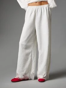 MISSGUIDED Wide Leg Casual Pants With Floral Lace Trim Hem Elastic Waist Relaxed Fit Full Length Marl Knit Lounge Trousers - Grey - View 1