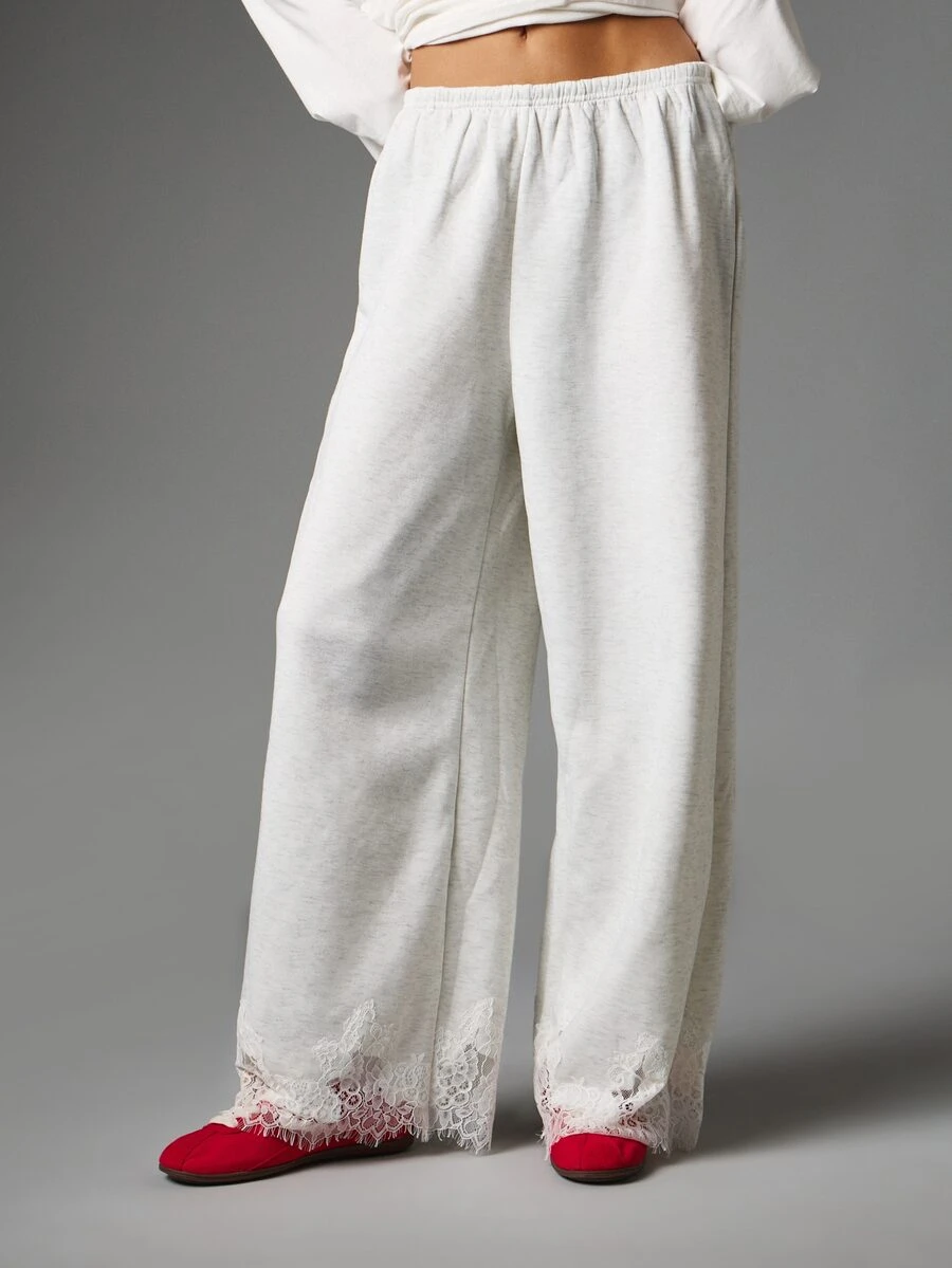 MISSGUIDED Wide Leg Casual Pants With Floral Lace Trim Hem Elastic Waist Relaxed Fit Full Length Marl Knit Lounge Trousers - Grey - View 1