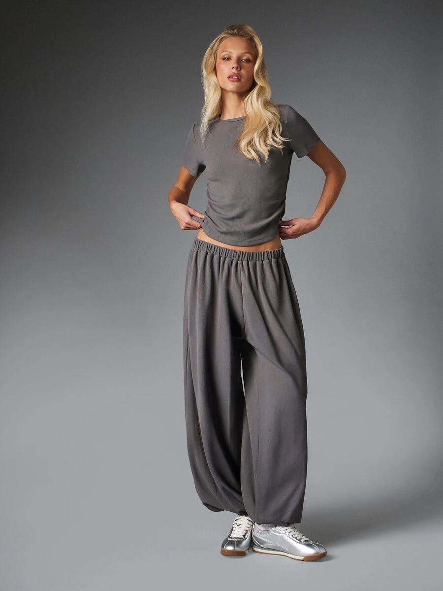 MISSGUIDED Ribbed Crop Top And Wide Leg Casual Pants Co-Ord Set With Elastic Waist Summer Two Piece Outfit - Dark Grey - View 1
