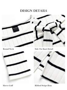 ELLERISSA White & Black Stripe Round Neck Long Sleeve Tie Waist Rib Knit Midi Dress - Apricot - View 7
