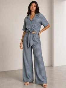 ELLERISSA Blue Pinstripe Collared Short Sleeve Tie Front Shirt & Wide Leg Pants Co-Ord Set - Blue - View 1